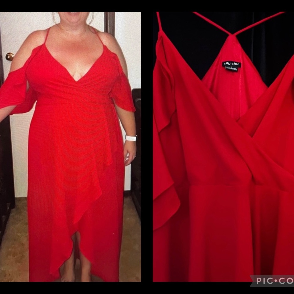 Formal dress City chic size L (20) sexy red dress Hot Deep v neck, cold shoulder - Picture 2 of 16